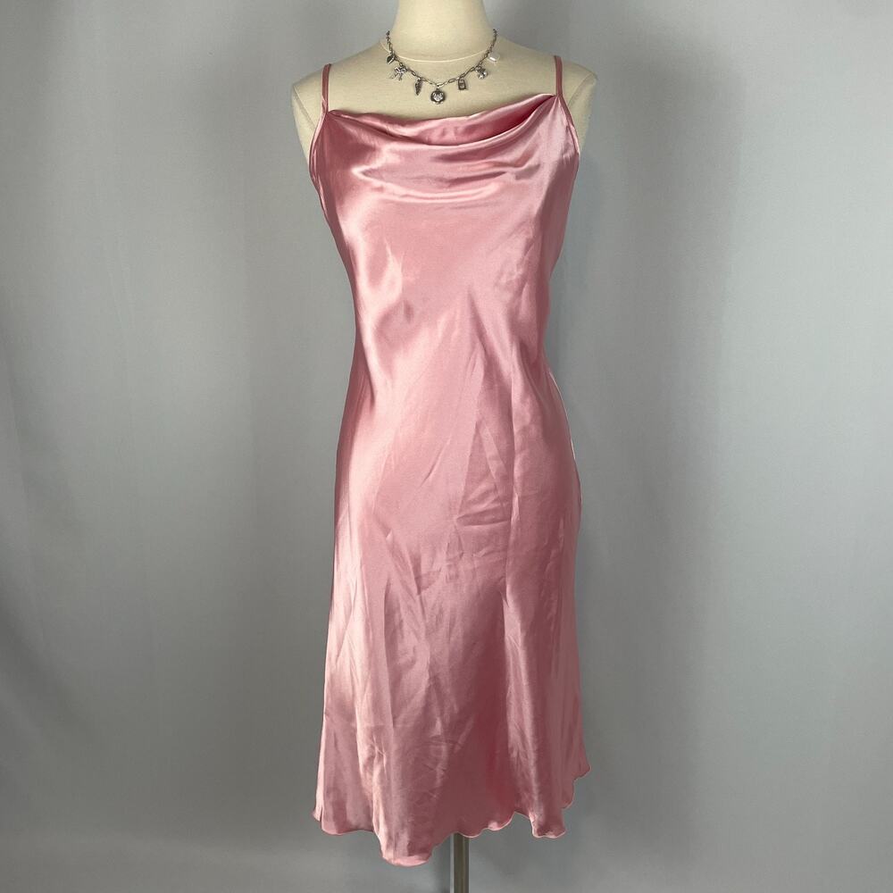 bebe Slip Dress Size Medium Pink Satin Cowl Neck Midi Silky Satin Party Glam Y2K